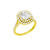 A three-quarter view of the Elongated cushion cut diamond engagement ring in 14k yellow gold with a prong diamond band and split setting