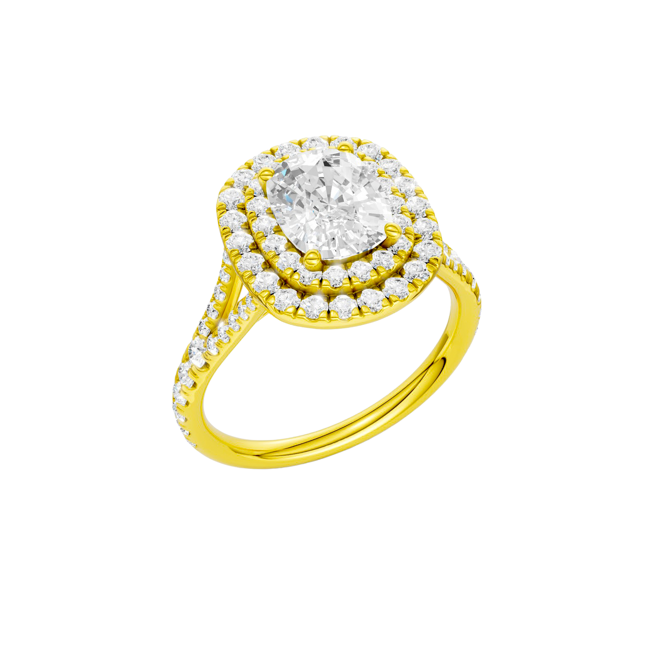 A three-quarter view of the Elongated cushion cut diamond engagement ring in 14k yellow gold with a prong diamond band and split setting