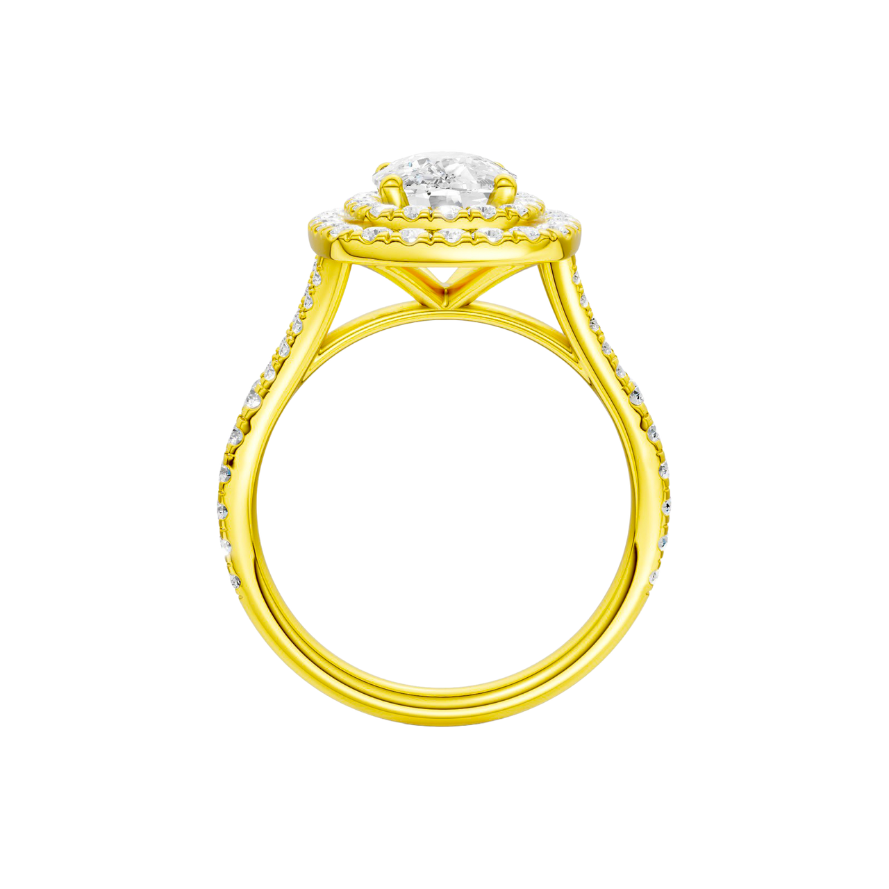 A profile view of the Elongated cushion cut diamond engagement ring in 14k yellow gold with a prong diamond band and split setting