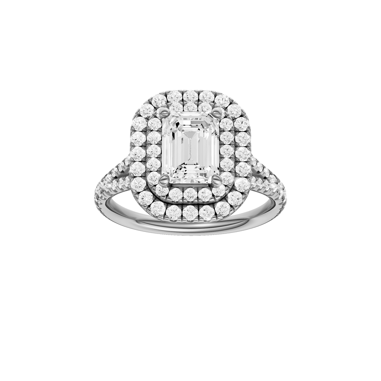 A front view of the Emerald cut diamond engagement ring in 14k white gold with a prong diamond band and split setting