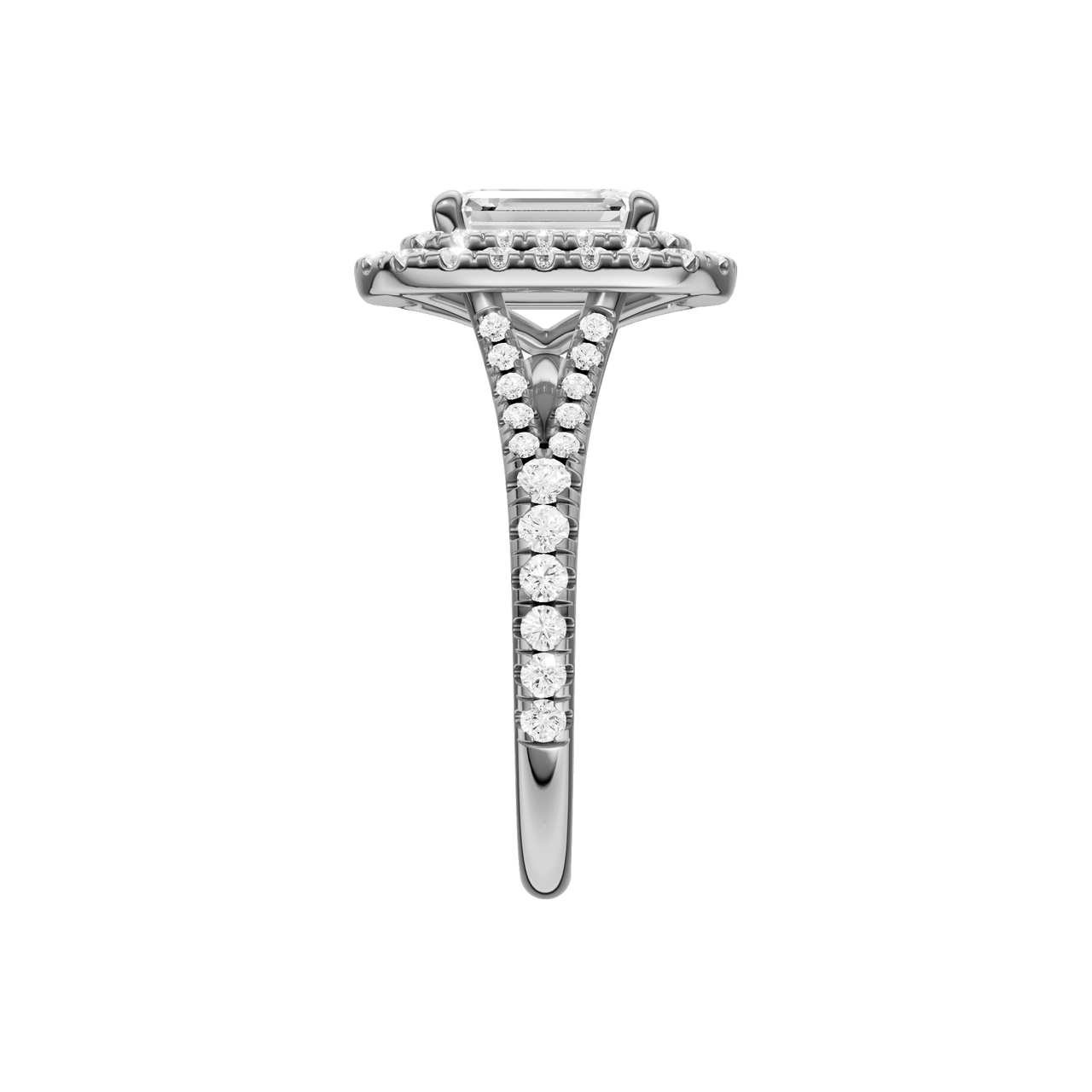 A side view of the Emerald cut diamond engagement ring in 14k white gold with a prong diamond band and split setting