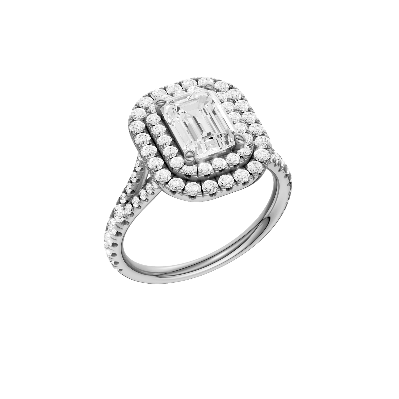 A three-quarter view of the Emerald cut diamond engagement ring in 14k white gold with a prong diamond band and split setting