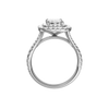 A profile view of the Emerald cut diamond engagement ring in platinum with a prong diamond band and split setting