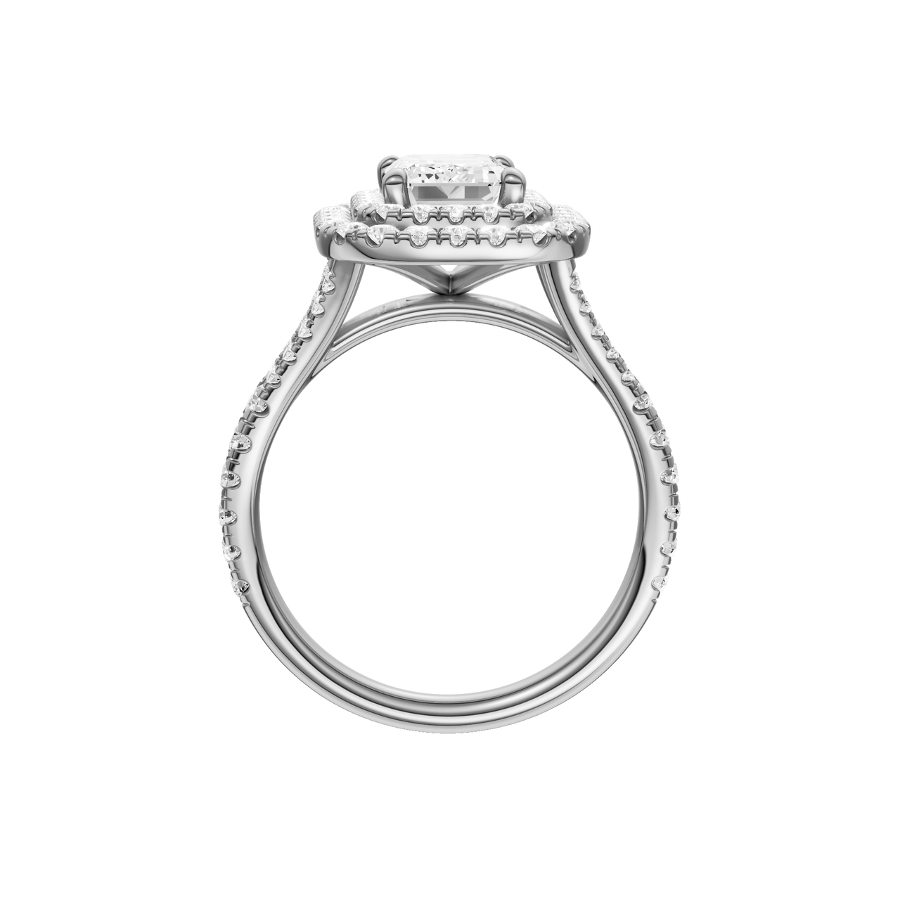 A profile view of the Emerald cut diamond engagement ring in platinum with a prong diamond band and split setting