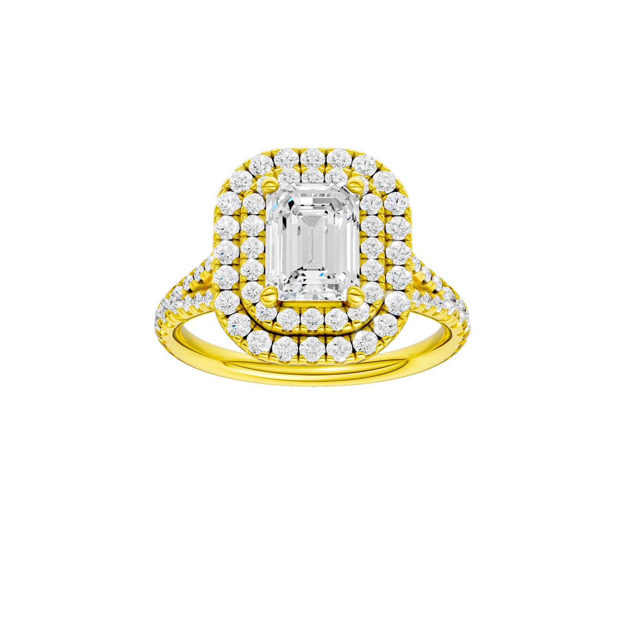 A front view of the Emerald cut diamond engagement ring in 14k yellow gold with a prong diamond band and split setting