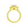 A profile view of the Emerald cut diamond engagement ring in 14k yellow gold with a prong diamond band and split setting