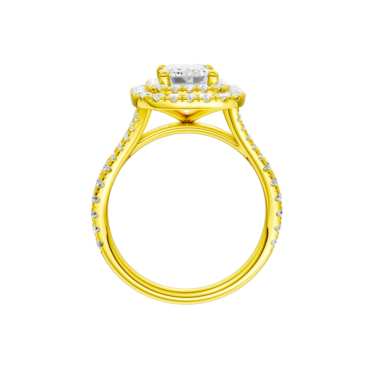 A profile view of the Emerald cut diamond engagement ring in 14k yellow gold with a prong diamond band and split setting