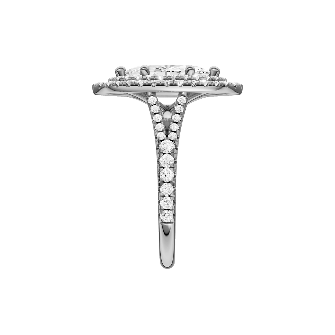 A side view of the Marquise cut diamond engagement ring in platinum with a prong diamond band and split setting