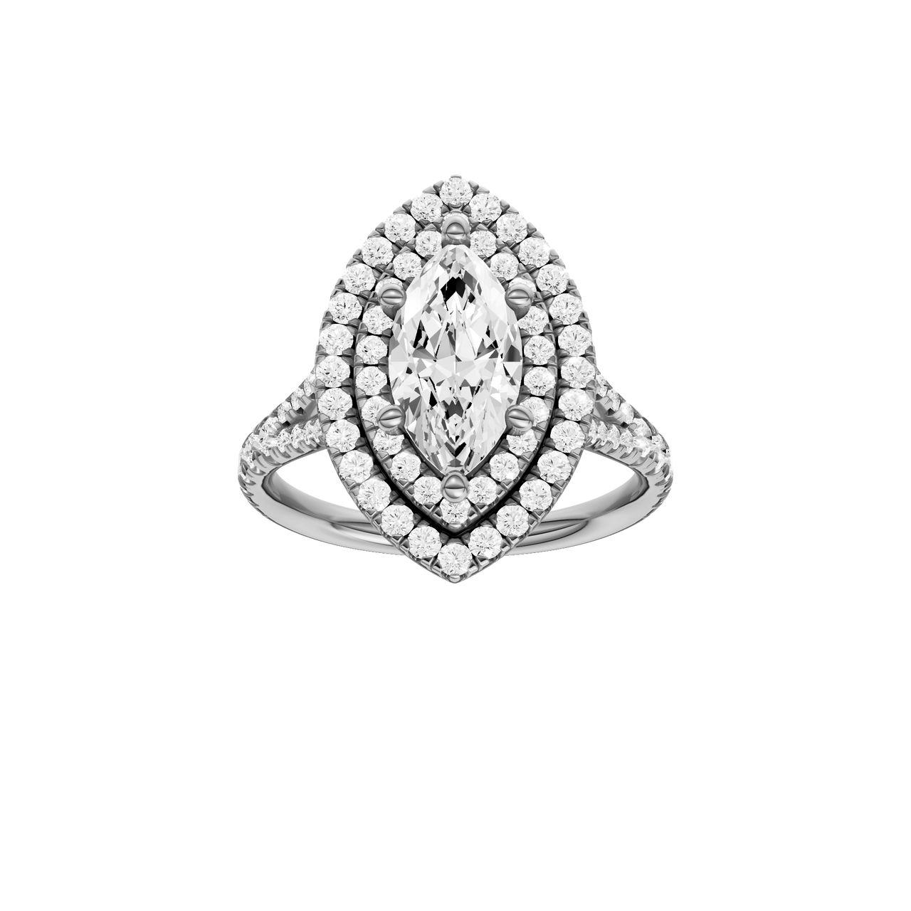 A front view of the Marquise cut diamond engagement ring in platinum with a prong diamond band and split setting