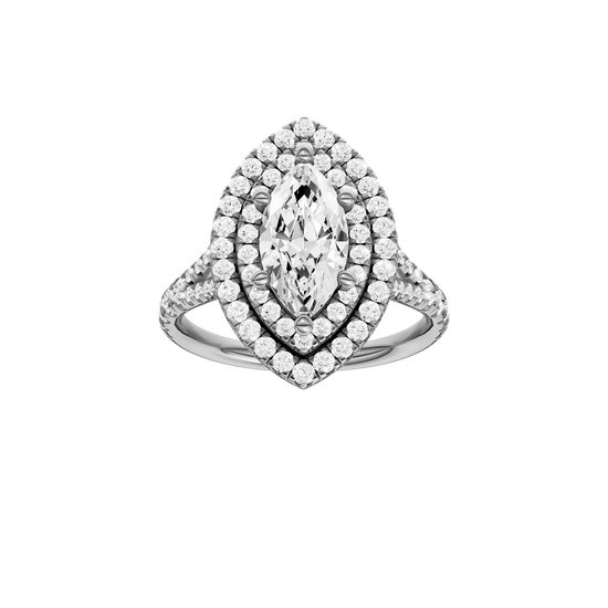 A front view of the Marquise cut diamond engagement ring in 14k white gold with a prong diamond band and split setting
