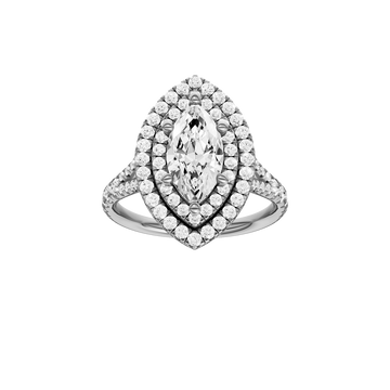A front view of the Marquise cut diamond engagement ring in 14k white gold with a prong diamond band and split setting