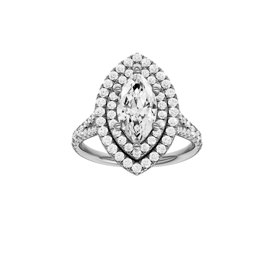 A front view of the Marquise cut diamond engagement ring in 14k white gold with a prong diamond band and split setting