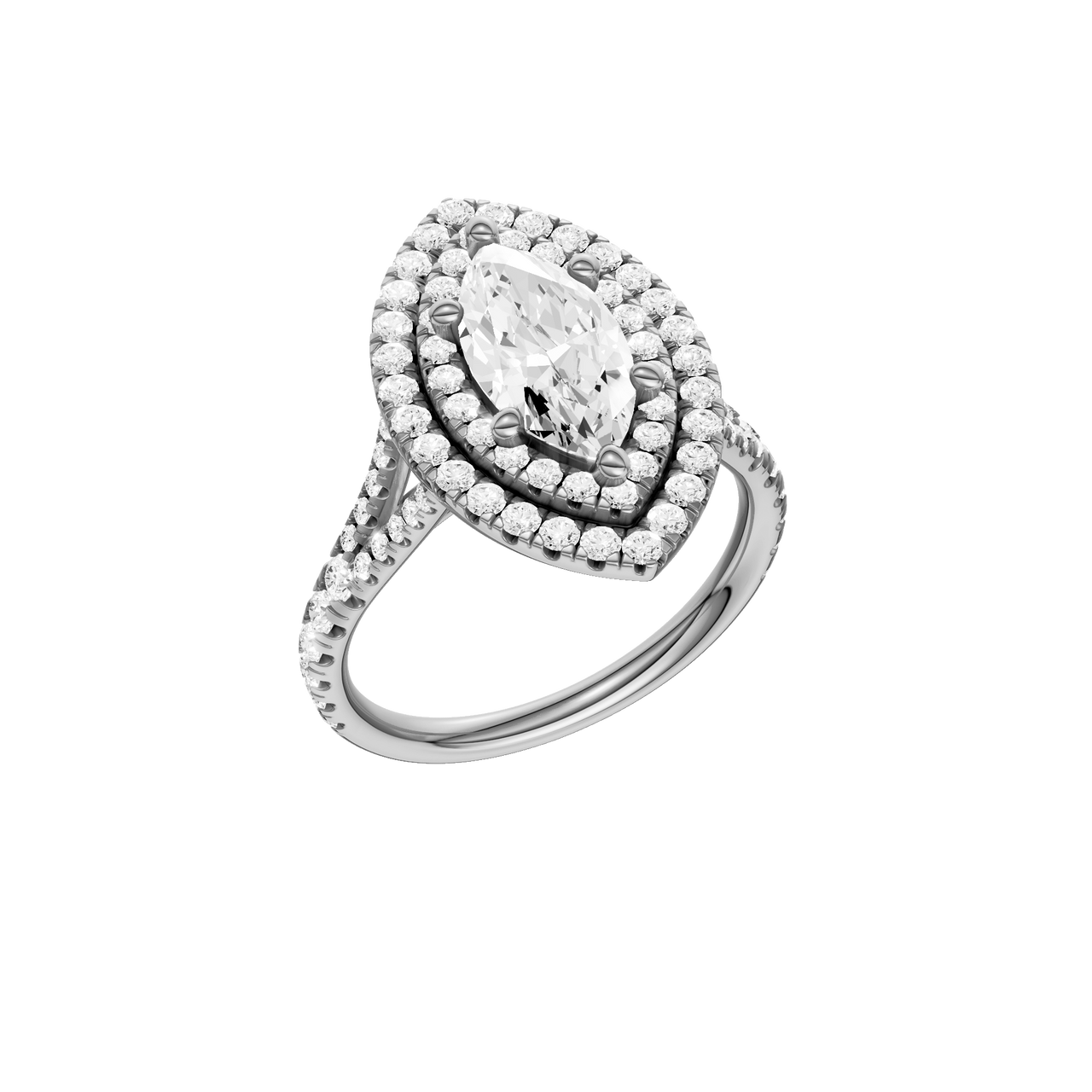 A three-quarter view of the Marquise cut diamond engagement ring in platinum with a prong diamond band and split setting