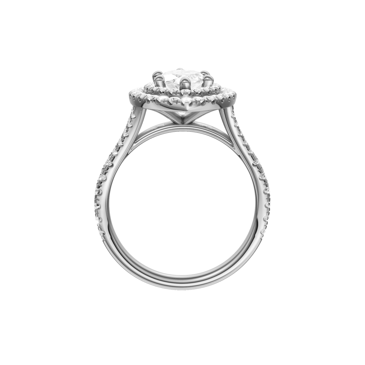 A profile view of the Marquise cut diamond engagement ring in 14k white gold with a prong diamond band and split setting