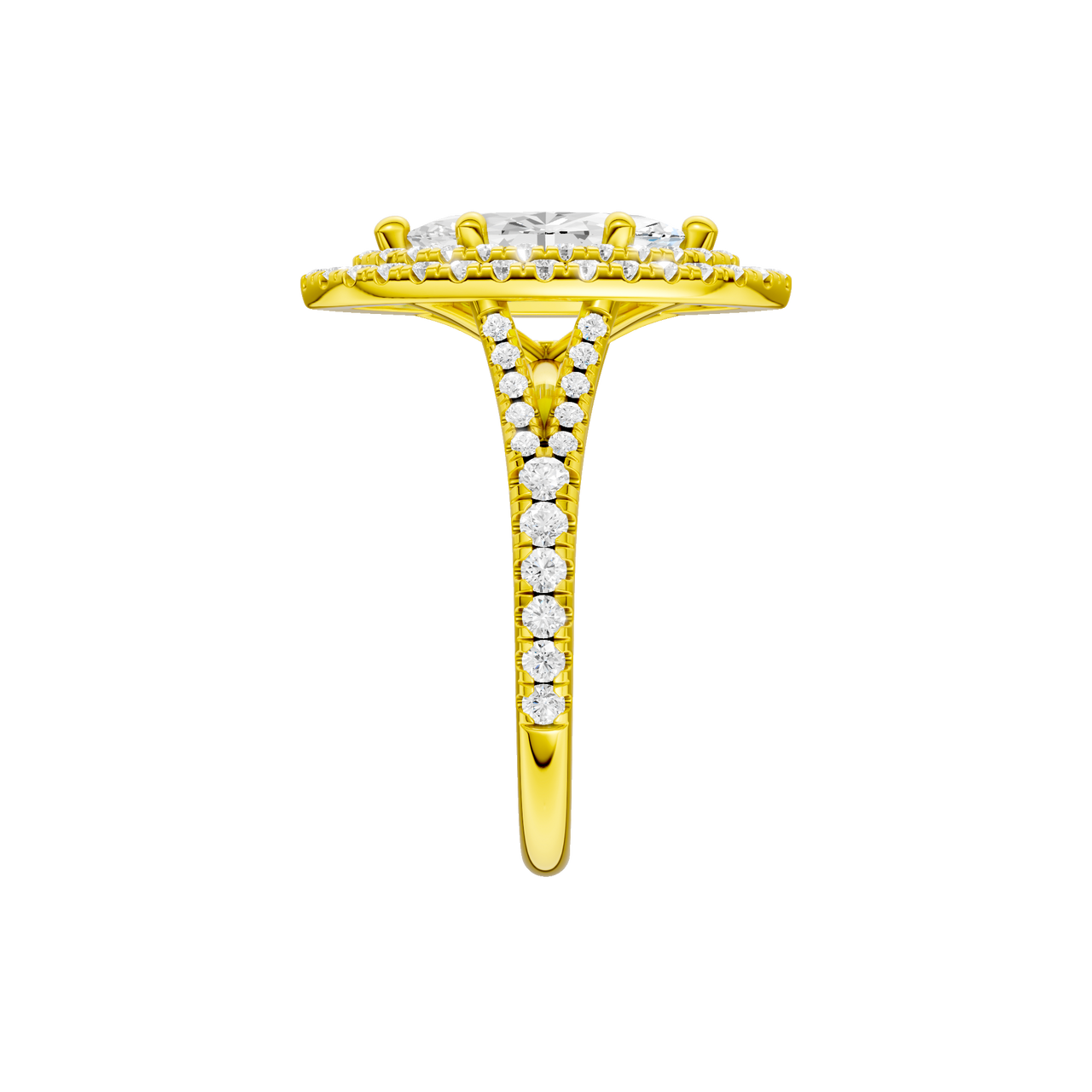 A side view of the Marquise cut diamond engagement ring in 14k yellow gold with a prong diamond band and split setting
