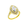A three-quarter view of the Marquise cut diamond engagement ring in 14k yellow gold with a prong diamond band and split setting