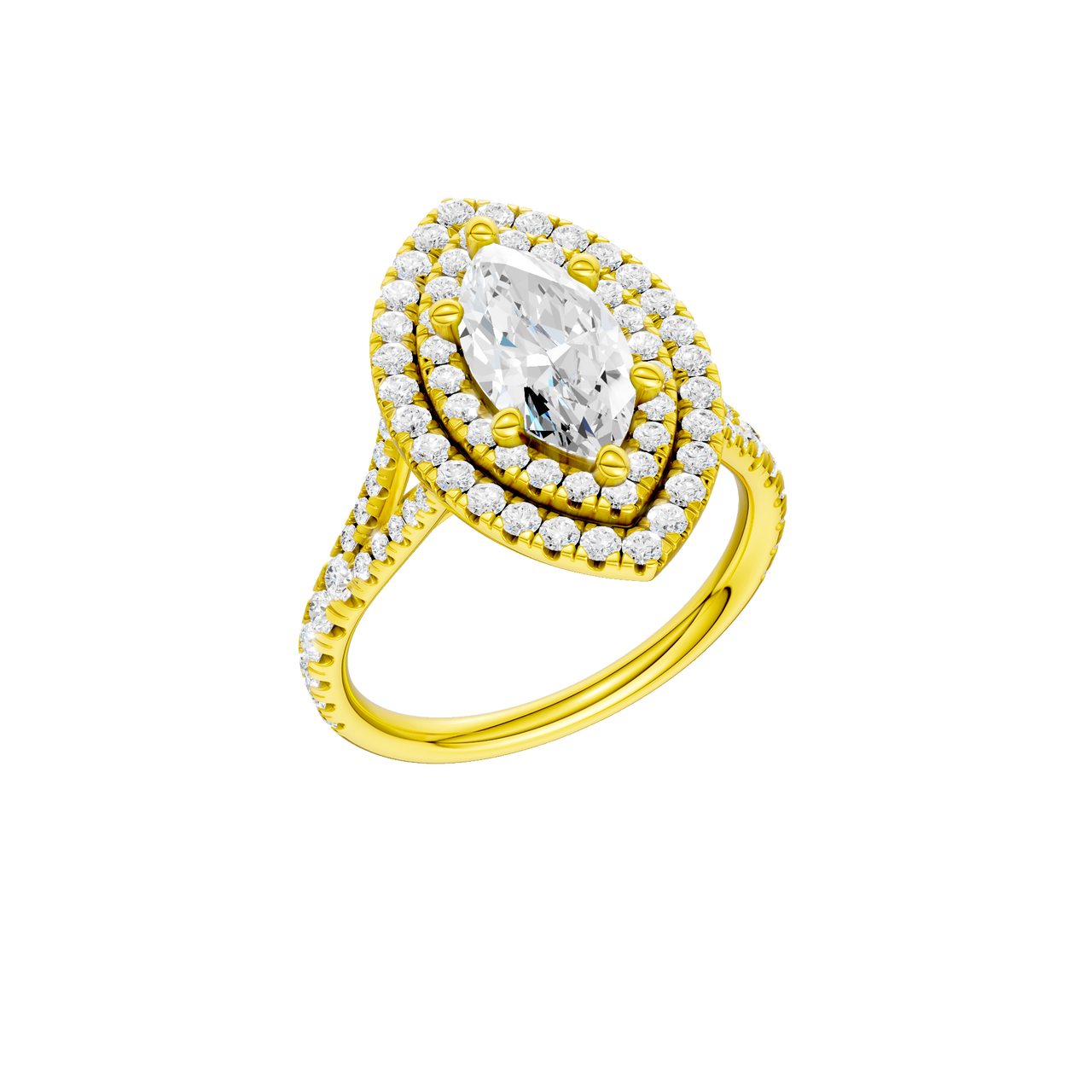A three-quarter view of the Marquise cut diamond engagement ring in 14k yellow gold with a prong diamond band and split setting