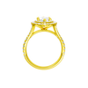 A profile view of the Marquise cut diamond engagement ring in 14k yellow gold with a prong diamond band and split setting