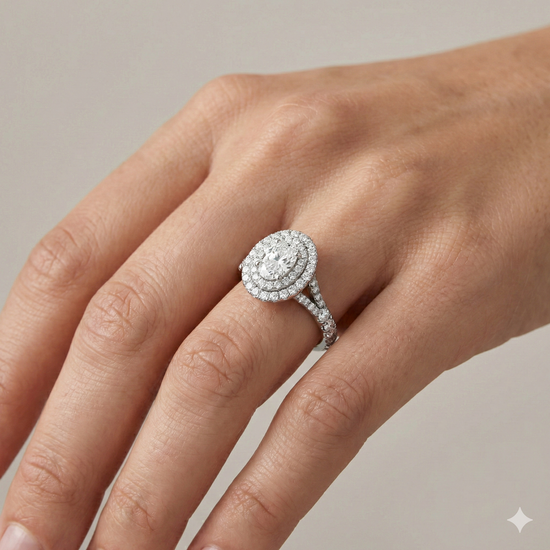 Oval cut diamond engagement ring in 14k white gold with a prong diamond band and split setting on a hand