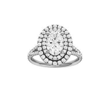 A front view of the Oval cut diamond engagement ring in 14k white gold with a prong diamond band and split setting
