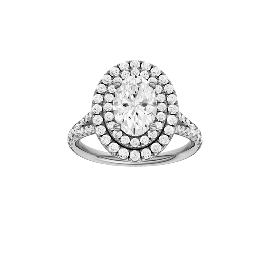 A front view of the Oval cut diamond engagement ring in 14k white gold with a prong diamond band and split setting