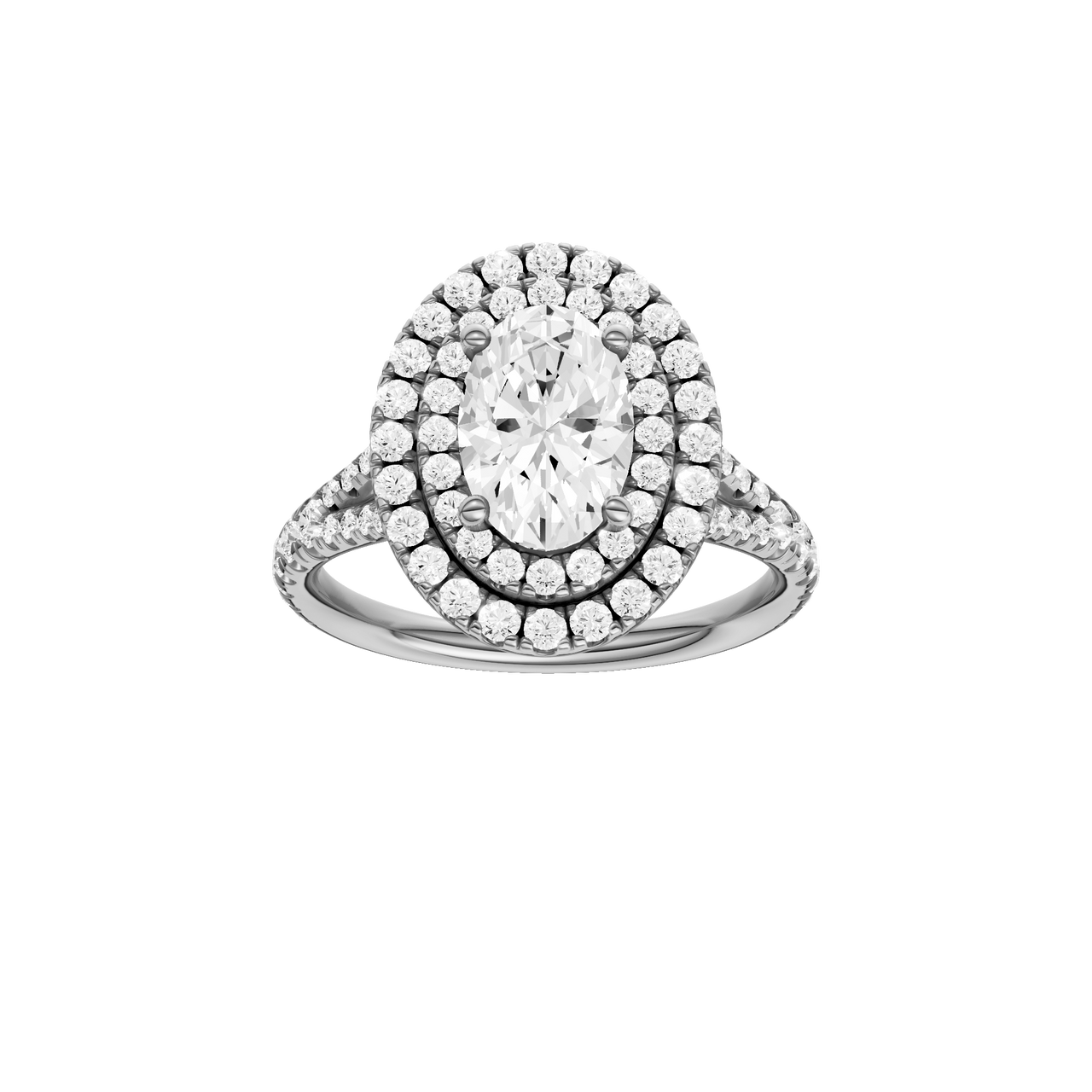 A front view of the Oval cut diamond engagement ring in platinum with a prong diamond band and split setting