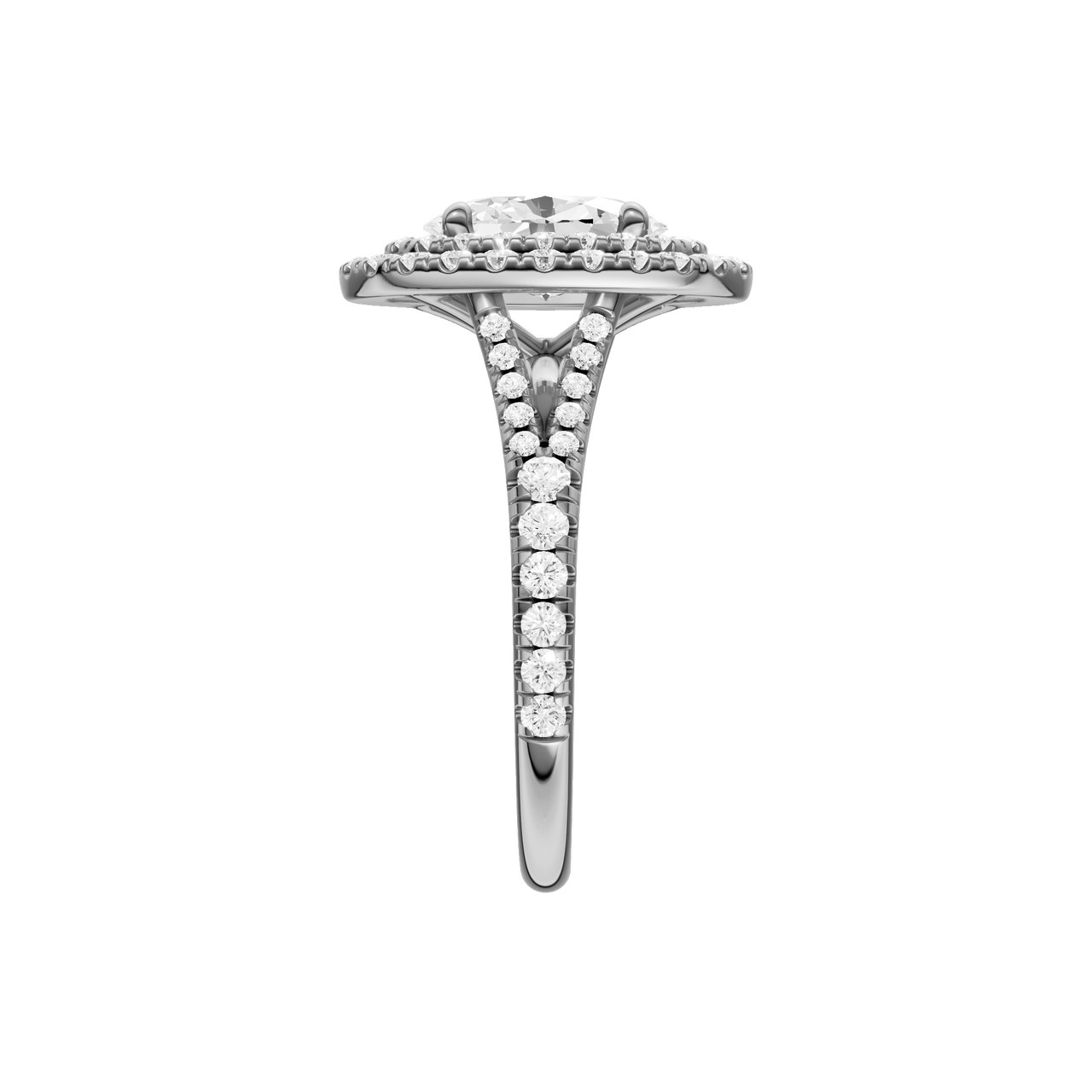 A side view of the Oval cut diamond engagement ring in 14k white gold with a prong diamond band and split setting
