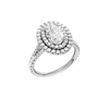 A three-quarter view of the Oval cut diamond engagement ring in platinum with a prong diamond band and split setting