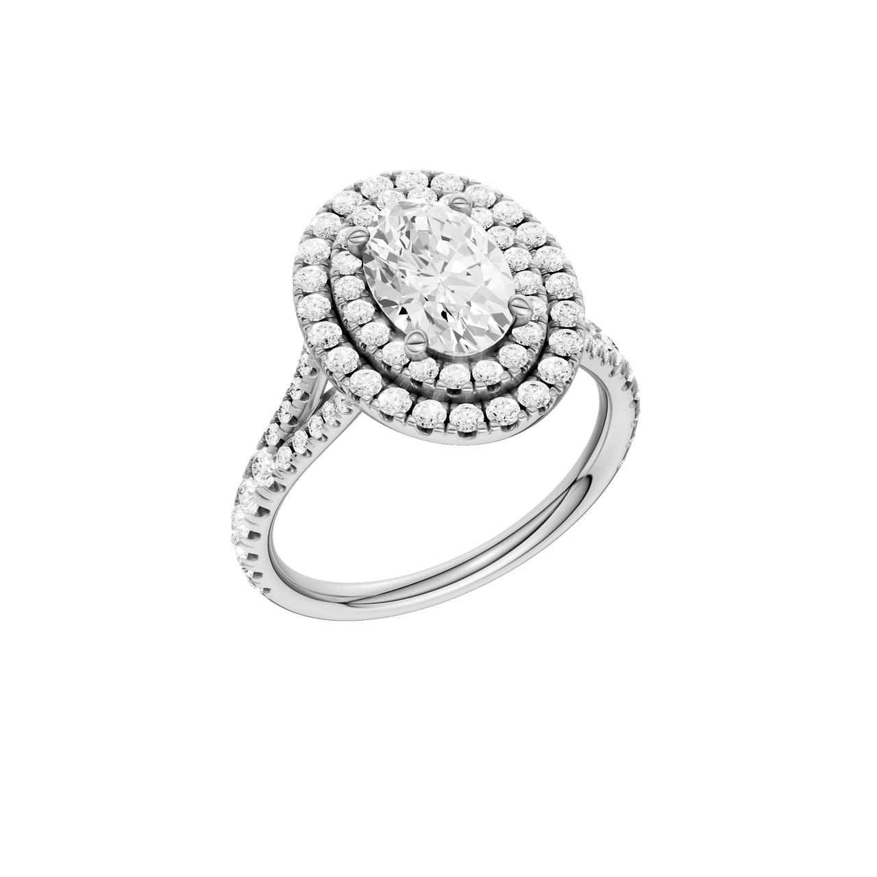 A three-quarter view of the Oval cut diamond engagement ring in 14k white gold with a prong diamond band and split setting