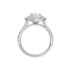A profile view of the Oval cut diamond engagement ring in 14k white gold with a prong diamond band and split setting