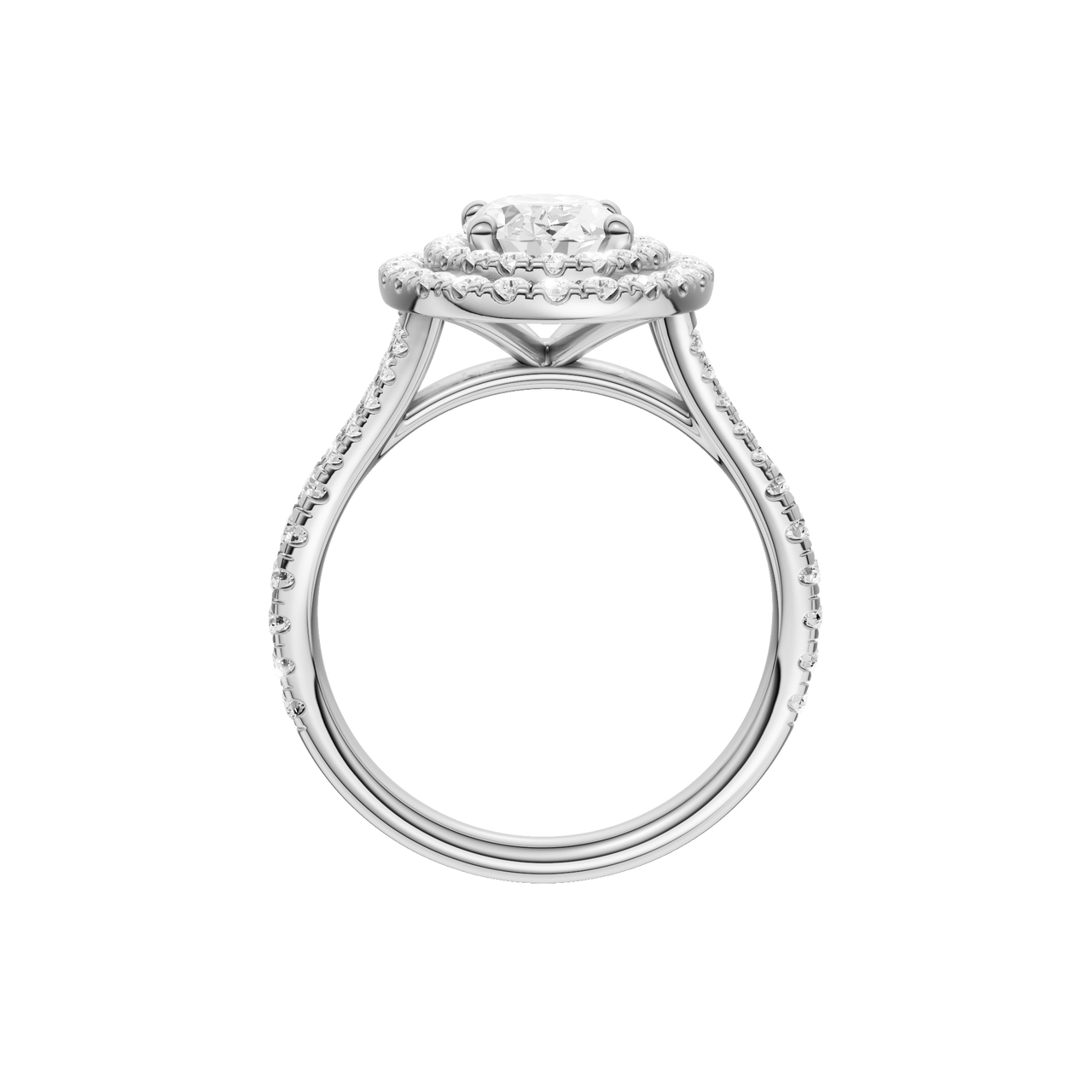 A profile view of the Oval cut diamond engagement ring in 14k white gold with a prong diamond band and split setting
