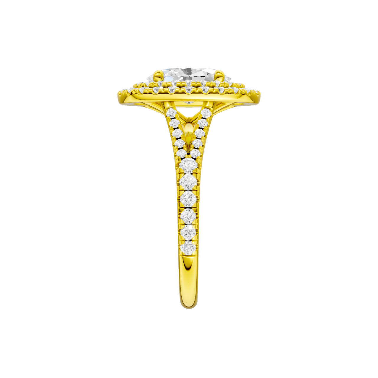 A side view of the Oval cut diamond engagement ring in 14k yellow gold with a prong diamond band and split setting
