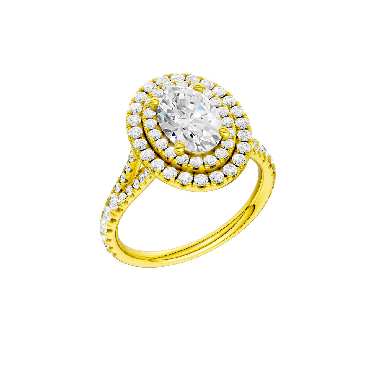 A three-quarter view of the Oval cut diamond engagement ring in 14k yellow gold with a prong diamond band and split setting