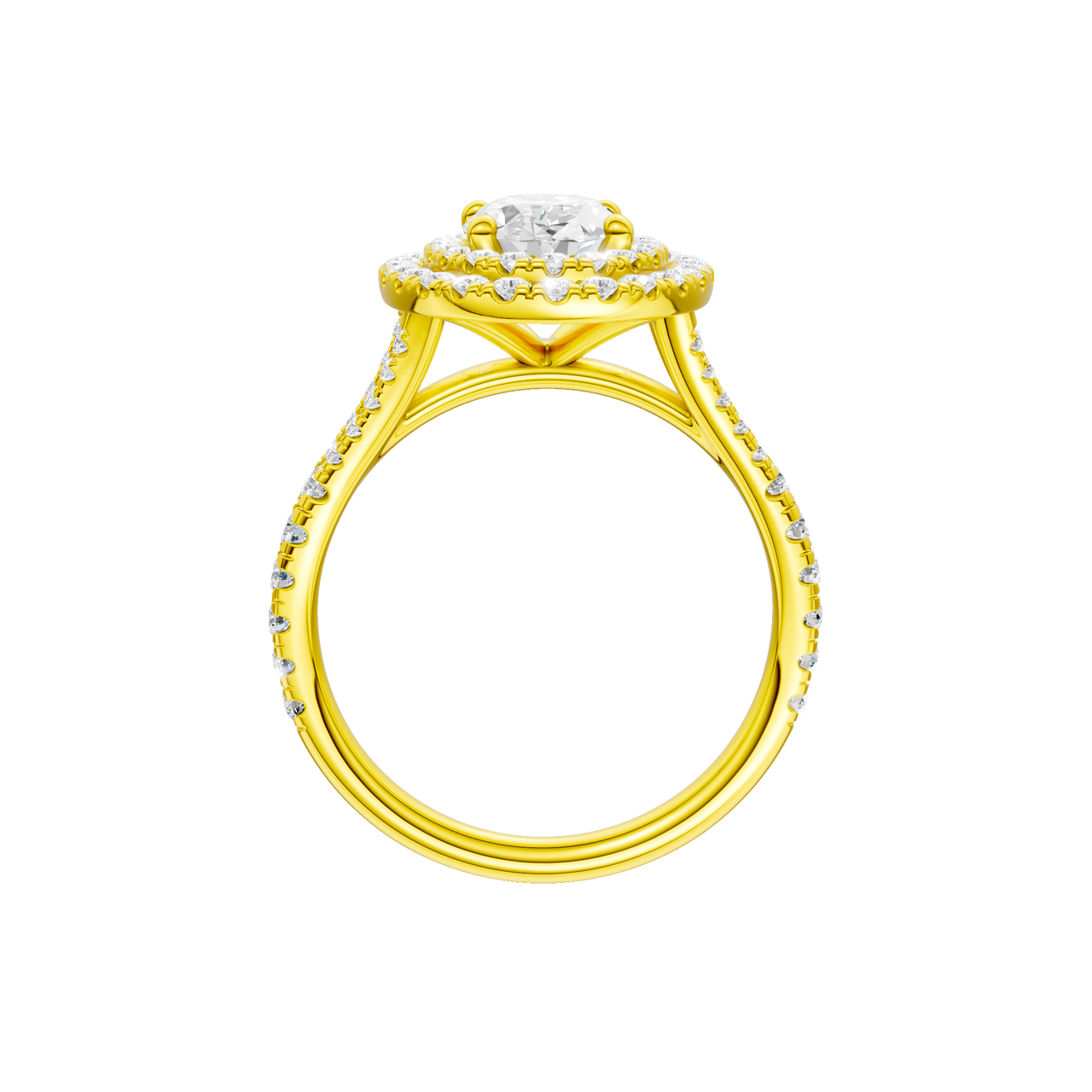 A profile view of the Oval cut diamond engagement ring in 14k yellow gold with a prong diamond band and split setting