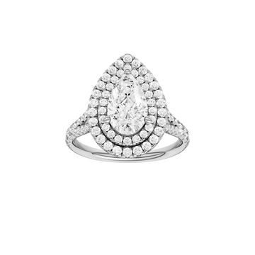 A front view of the Pear cut diamond engagement ring in 14k white gold with a prong diamond band and split setting