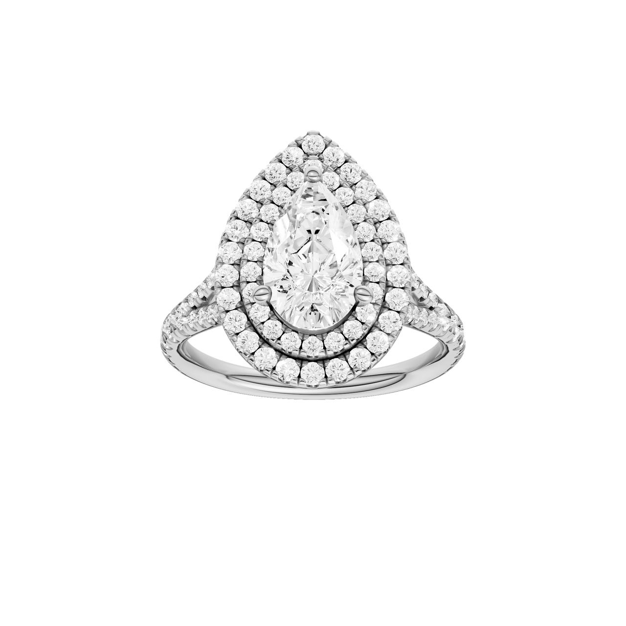 A front view of the Pear cut diamond engagement ring in platinum with a prong diamond band and split setting