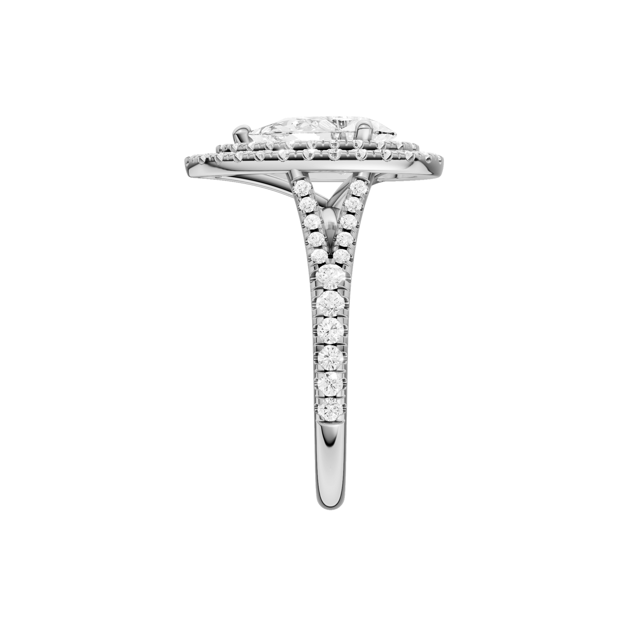 A side view of the Pear cut diamond engagement ring in platinum with a prong diamond band and split setting