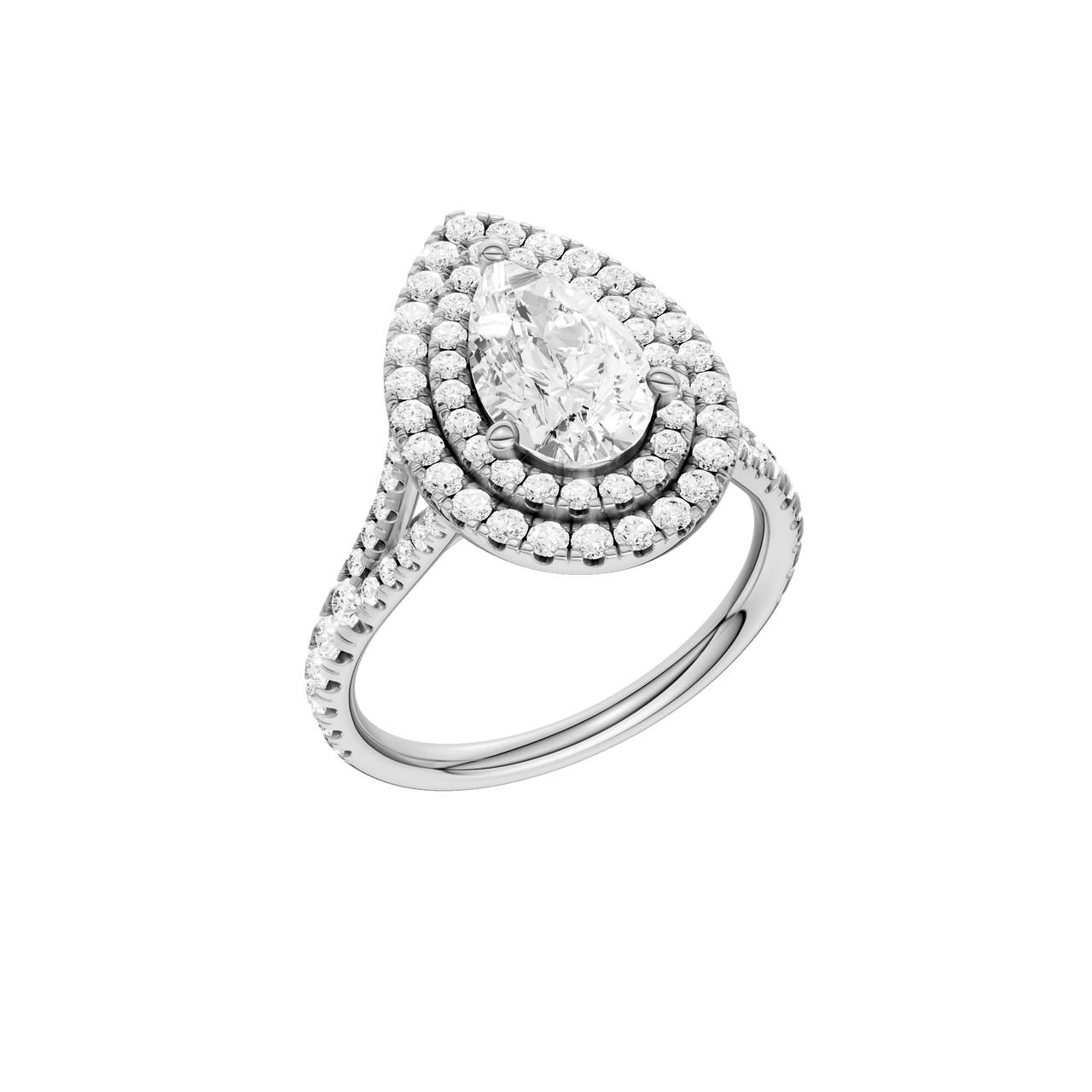 A three-quarter of the Pear cut diamond engagement ring in 14k white gold with a prong diamond band and split setting