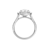 A profile view of the Pear cut diamond engagement ring in platinum with a prong diamond band and split setting