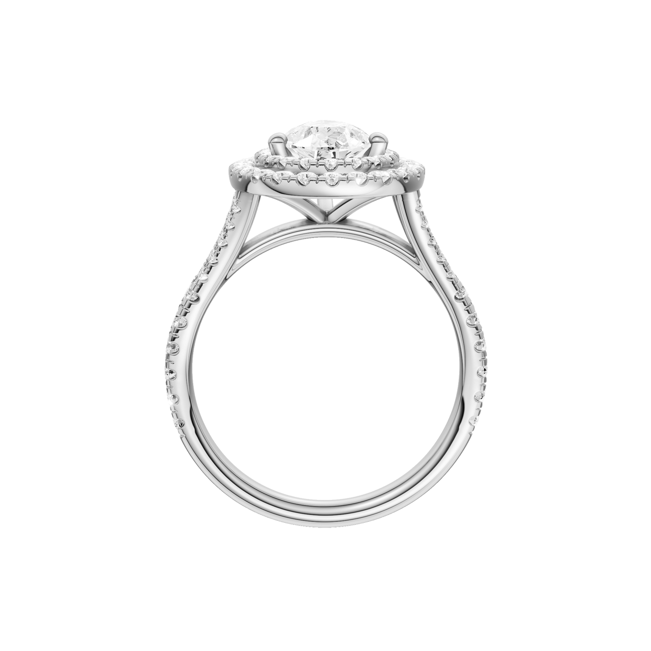 A profile view of the Pear cut diamond engagement ring in 14k white gold with a prong diamond band and split setting