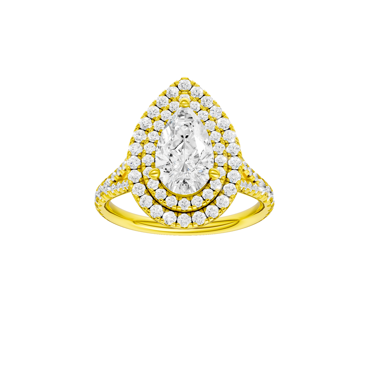 A front view of the Pear cut diamond engagement ring in 14k yellow gold with a prong diamond band and split setting