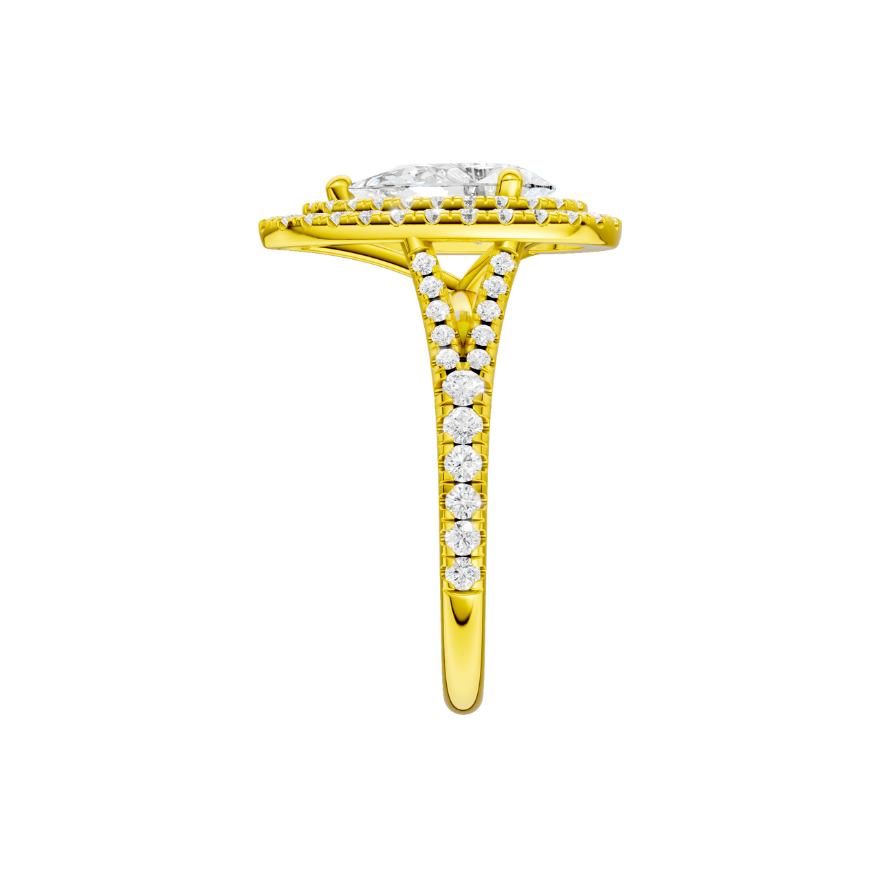 A side view of the Pear cut diamond engagement ring in 14k yellow gold with a prong diamond band and split setting