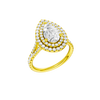 A three-quarter view of the Pear cut diamond engagement ring in 14k yellow gold with a prong diamond band and split setting