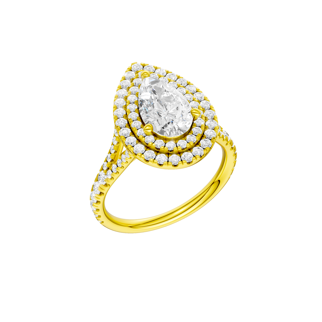 A three-quarter view of the Pear cut diamond engagement ring in 14k yellow gold with a prong diamond band and split setting