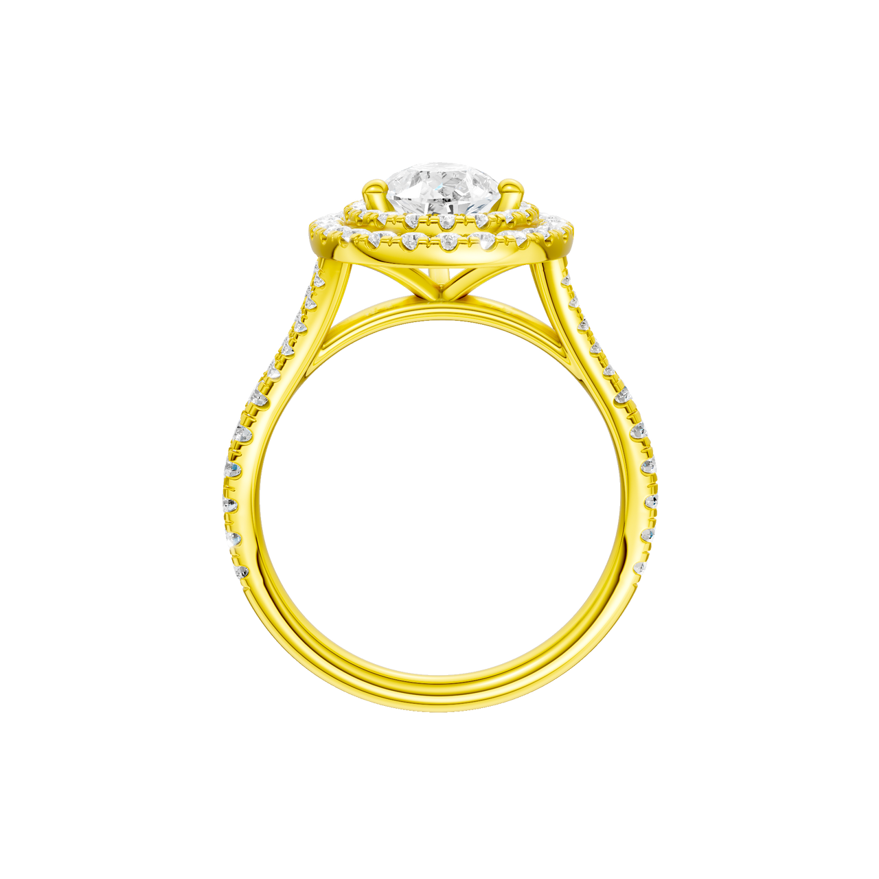 A profile view of the Pear cut diamond engagement ring in 14k yellow gold with a prong diamond band and split setting