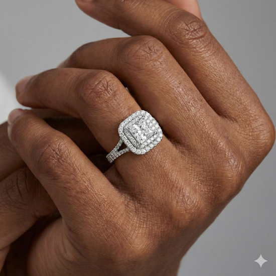 The Princess cut diamond engagement ring in 14k white gold with a prong band and cathedral setting on a hand