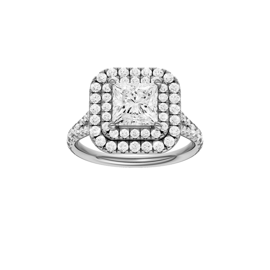 A front view of the Princess cut diamond engagement ring in 14k white gold with a prong band and cathedral setting