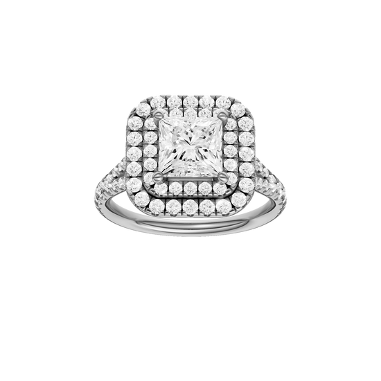 A front view of the Princess cut diamond engagement ring in platinum with a prong band and cathedral setting