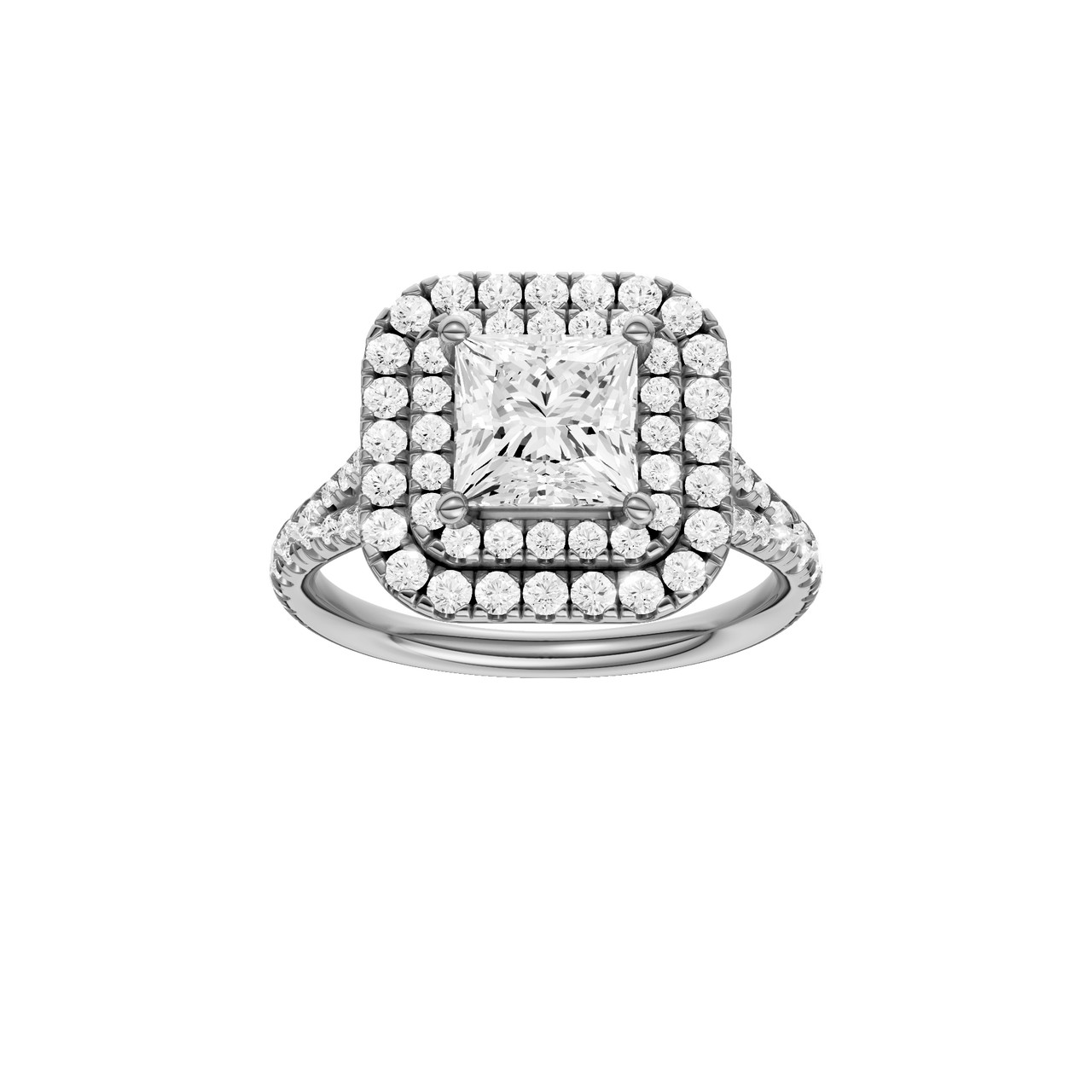 A front view of the Princess cut diamond engagement ring in platinum with a prong band and cathedral setting