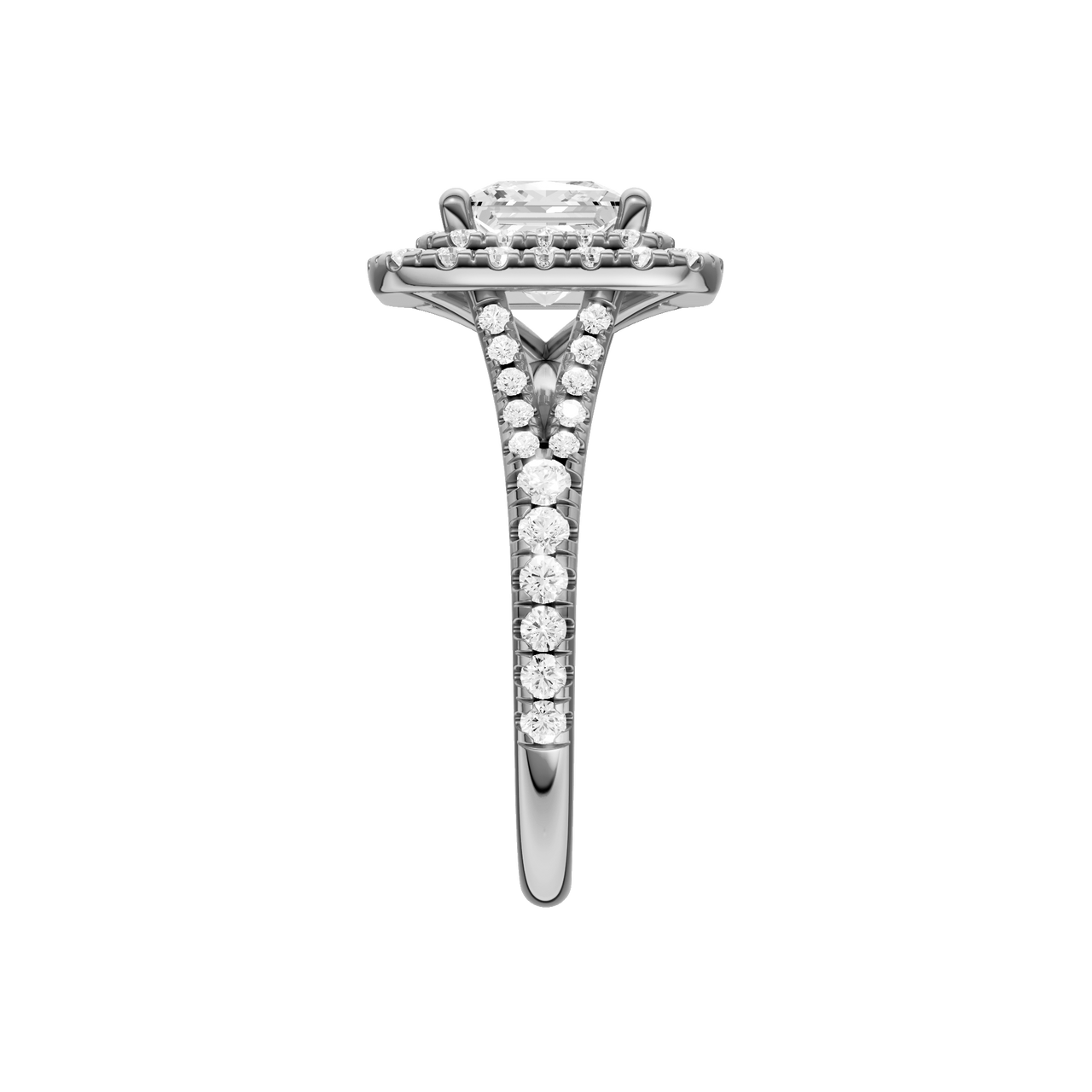 A side view of the Princess cut diamond engagement ring in 14k white gold with a prong band and cathedral setting